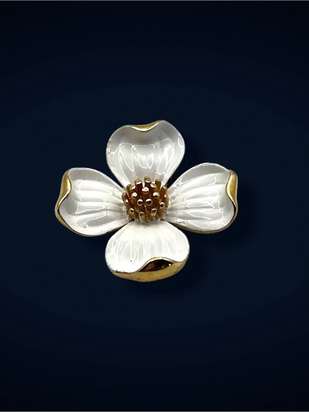 Vintage Crown Trifari White Enamel and Gold Tone Dogwood Flower Brooch Estate Pc